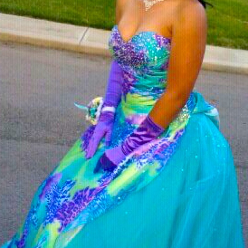 Rhinestone Embellished Prom Homecoming Dress Sz9 Turquoise, Lavender &Chartreuse